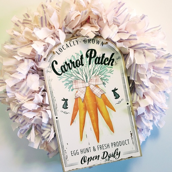 Hand Crafted Easter Fabric Rag Wreath, Pink & Purple, Carrot Patch Sign, 18" - Picture 4 of 11